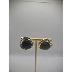 Gold Tone Pierced Stud Earrings Blue Middle Stone Swirl Jewelry Costume